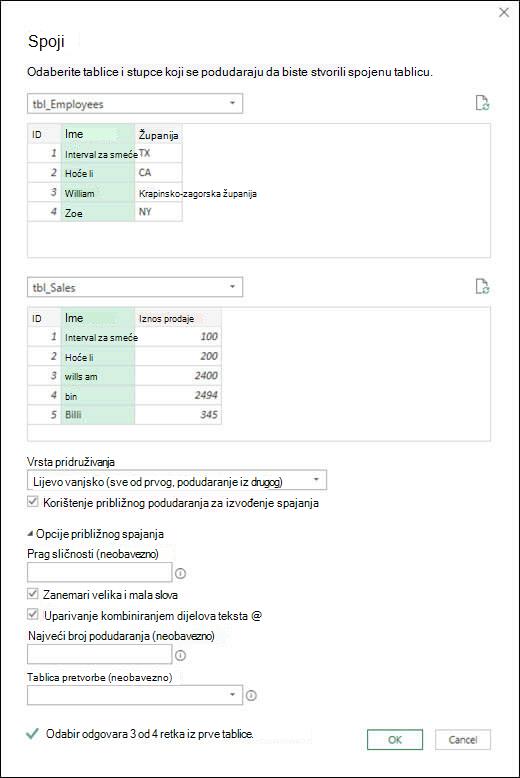 Mogućnosti približnog spajanja u dodatku Power Query