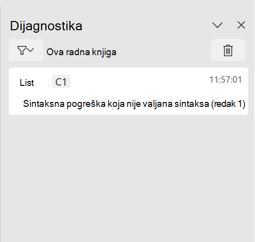 Okno zadatka dijagnostike jezika Python u programu Excel, prikazuje pogrešku sintakse.