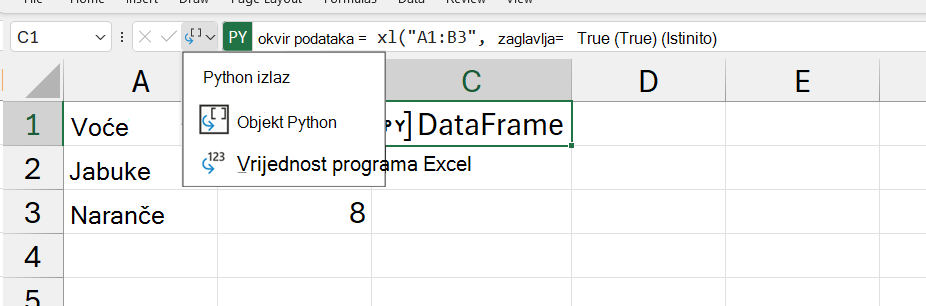 Otvoreni izlazni izbornik jezika Python u programu Excel.