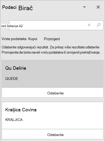 Snimka zaslona na kojoj se prikazuje okno Birač podataka.