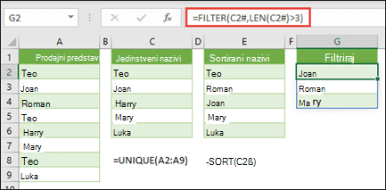 Operator prelivenog raspona (#) za referenciranje cijelog raspona prelivenog polja s formulom =FILTER(C2#,LEN(C2#)>3)