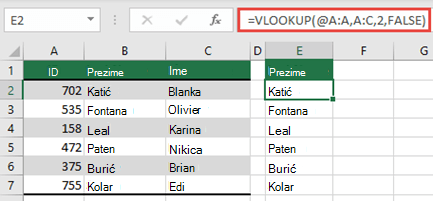 Upotrijebite operator @ i kopirajte: =VLOOKUP(@A:A,A:C,2,FALSE). Taj će stil reference funkcionirati u tablicama, ali neće vratiti dinamično polje.