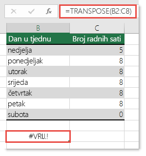 Pogreška #VALUE! u funkciji TRANSPOSE