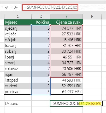 Formula SUMPRODUCT koja uzrokuje pogrešku glasi =SUMPRODUCT(D2:D13;E2:E10) – E10 treba promijeniti u E13 da bi formula odgovarala prvom rasponu.