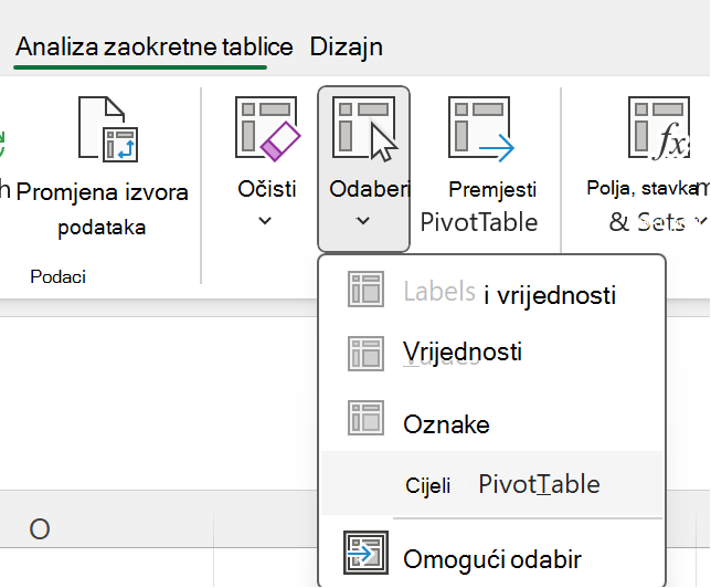 Gumb Odaberi cijelu zaokretnu tablicu u sustavu Windows.
