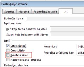 Kartica List dijaloškog okvira Postavljanje stranice
