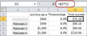 Primjer formule za izračunavanje postotka