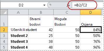 Primjer formule za izračunavanje postotka