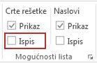Grupa Mogućnosti lista na kartici Izgled stranice