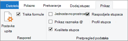 Mogućnosti profiliranja podataka na kartici Prikaz na vrpci uređivač dodatka Power Query