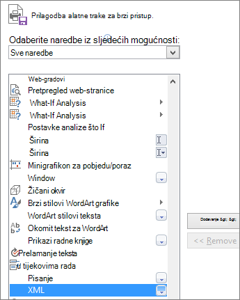 Na popisu naredbi odaberite XML, a zatim kliknite Dodaj.