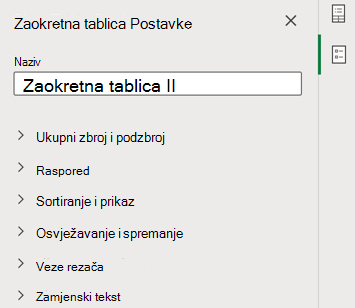 Okno Postavke zaokretne tablice u programu Excel za web