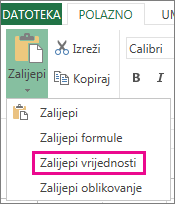 Naredba Zalijepi s mogućnošću Zalijepi vrijednosti u web-aplikaciji Excel Web App