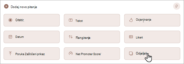 Snimka zaslona koja prikazuje kako dodati novu sekciju u obrazac ili test.