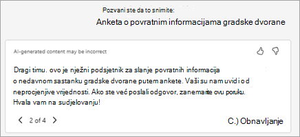 Copilot automatski generira predloženi tekst pozivnice. Ovdje možete urediti tekst ili odabrati Parafraziraj uz Copilot kako biste ga zatražili da generira novu verziju.