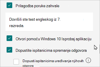 Postavke za test otkrit će mogućnost za odgovore specifične za testove: Otvori u Windows 10 Provjera testa