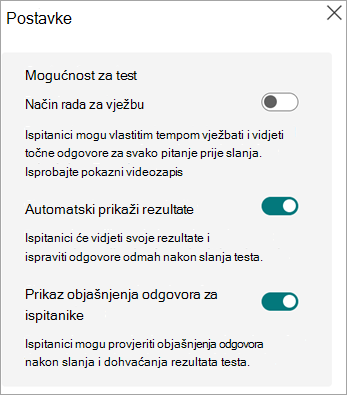 Prebacuje na način za vježbanje, automatski prikazuje rezultate i prikazuje objašnjenja odgovora za ispitanike samo za testove.