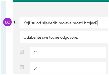 Inicijali suradnika prikazani pokraj pitanja u obliku testa