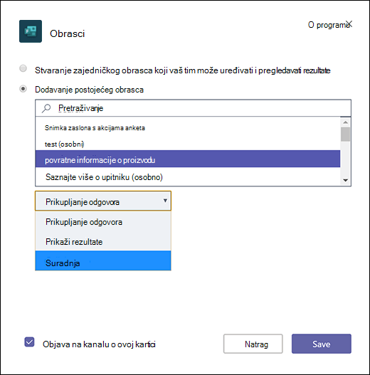 Dodavanje postojećeg obrasca grupe u Microsoft Teams