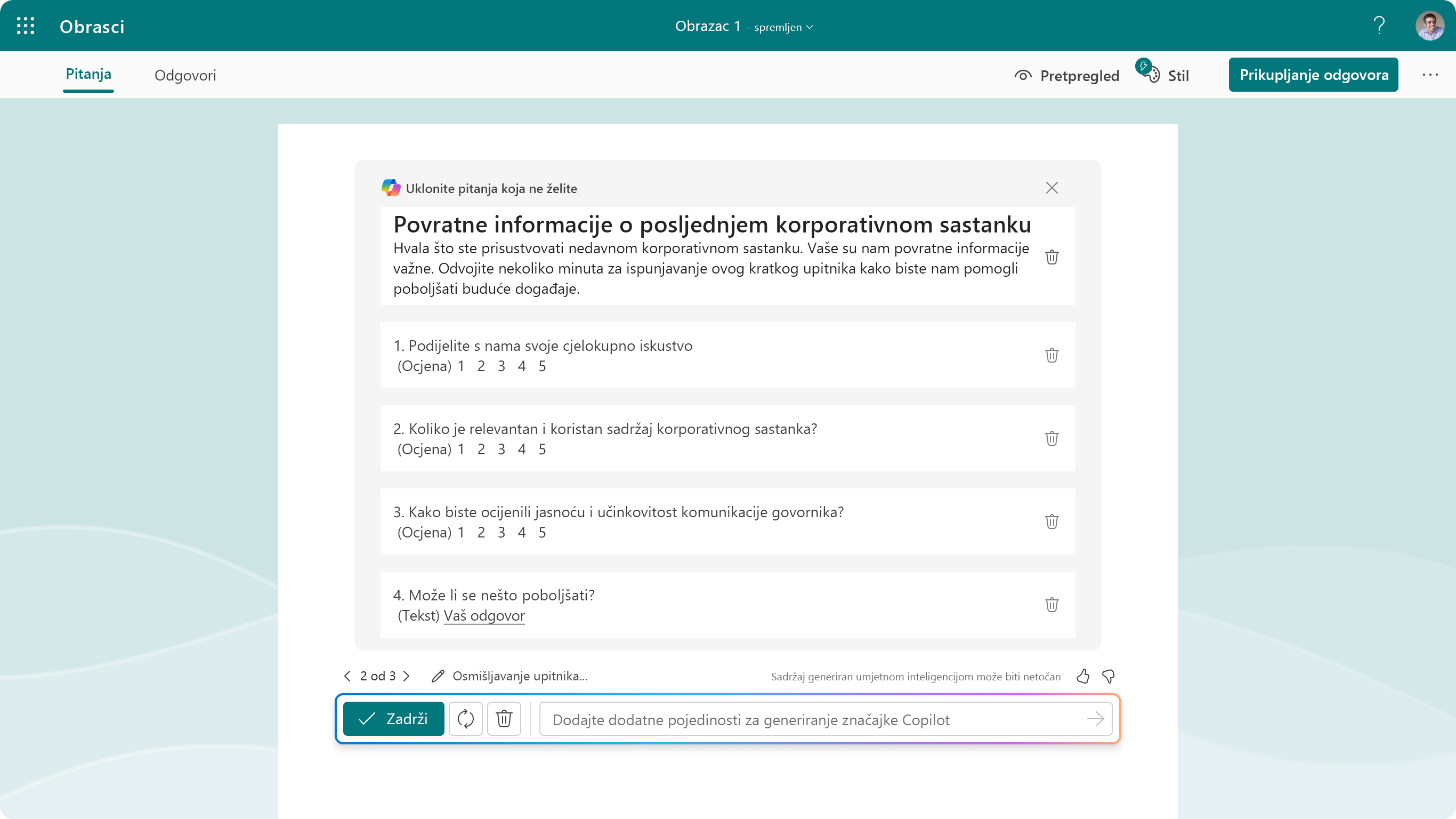 Snimka zaslona s prikazom predloženih pitanja za Copilot u značajci Forms