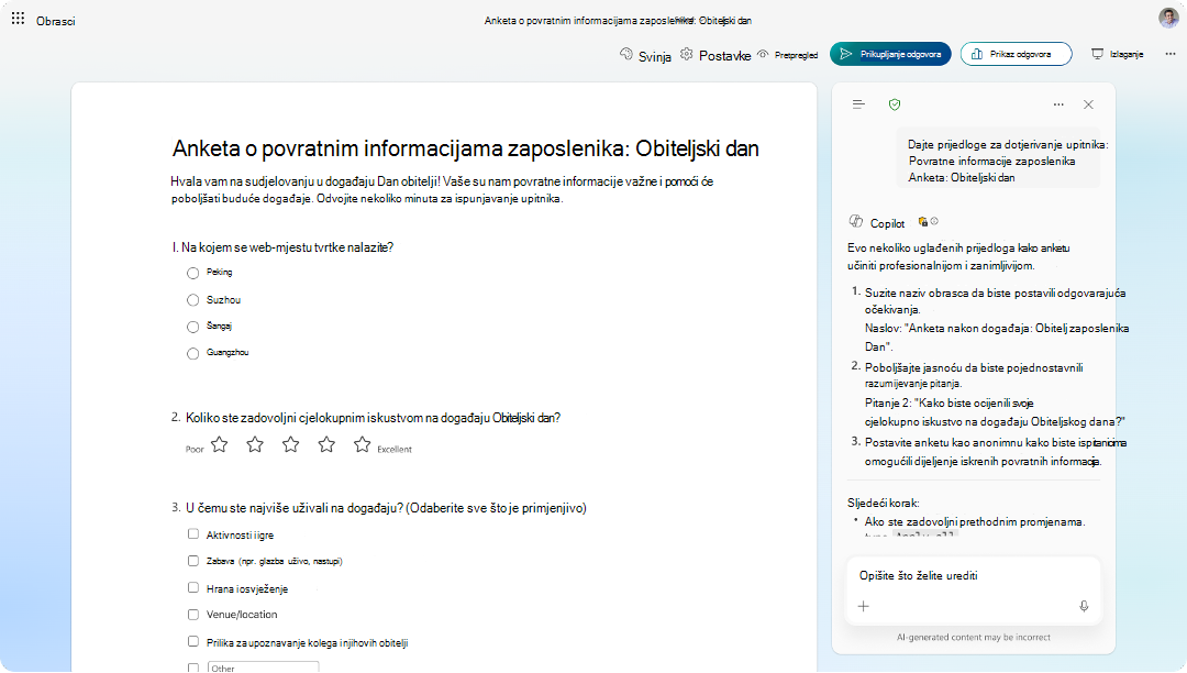 Snimka zaslona obrasca upitnika za povratne informacije zaposlenika s pločom prijedloga rješenja Copilot koja nudi poboljšanja.