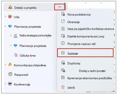Otvorite bilo koji radni prostor naveden u odjeljku Nedavno i odaberite stranicu koju želite sažeti. Zatim odaberite Dodatne mogućnosti stranice pa na izborniku odaberite Sažetak.