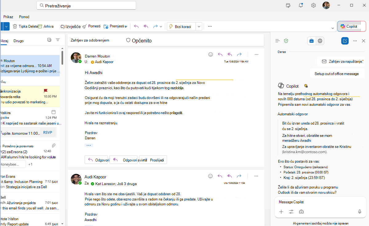 Snimka zaslona odgovora rješenja Copilot na stvaranje automatskog odgovora u rješenju Copilot u programu Outlook