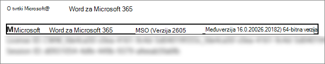 Snimka zaslona koja prikazuje verziju, međuverziju i bitnu verziju programa Word.