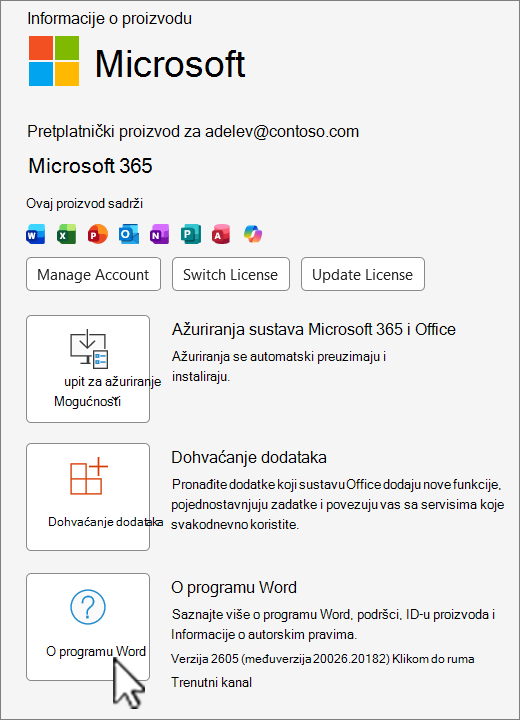 Snimka zaslona na kojoj se prikazuje prikaz verzije sustava Office 365.