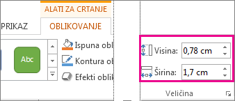 Okviri Visina i Širina na kartici Alati za crtanje – Oblik