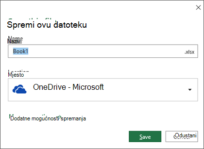 Dijaloški okvir za spremanje u programu Microsoft Excel za Office 365