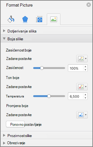 Prilagodba postavki zasićenosti boje u oknu Oblikovanje slike