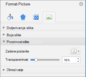 Prilagodba prozirnosti boje u oknu Oblikovanje slike