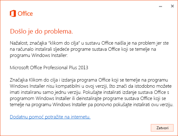 Pogreška prilikom instalacije klikom do cilja putem MSI instalacije