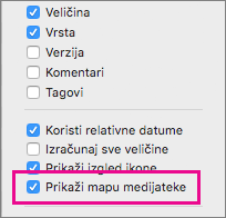 Pokažite postavku za datoteke biblioteke u mogućnostima prikaza Findera