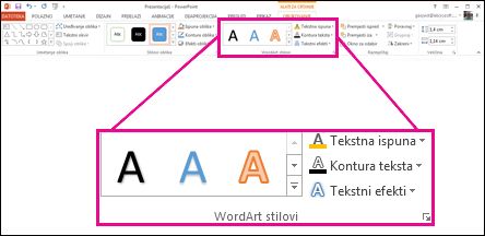 Naredbe za WordArt stilove na vrpci