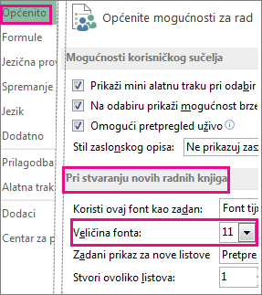 Mogućnosti u dijaloškom okviru Općenito