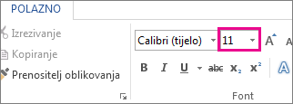 Okvir Veličina fonta na kartici Polazno