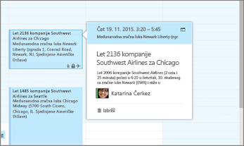 Snimka zaslona programa Outlook s prikazom podataka o letu.
