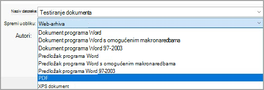 Slika koja prikazuje odabir PDF-a (*.pdf) s padajućeg izbornika