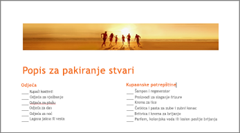 Predložak popisa stvari za pakiranje za Word