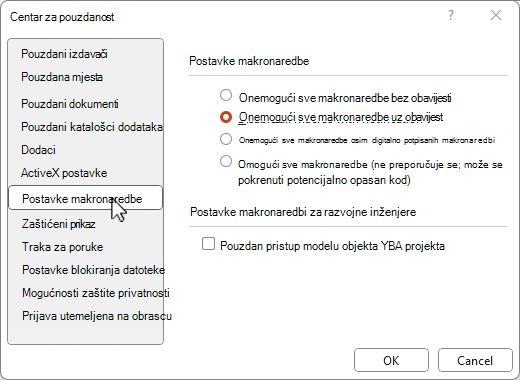 Postavke makronaredbi u centru za pouzdanost
