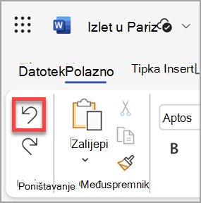 Gumb Poništi u programu Microsoft Word za web.