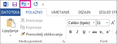Naredba Poništi na alatnoj traci za brz pristup
