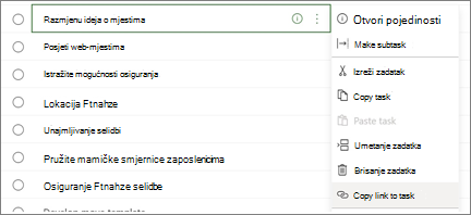 Dialog box s popisom zadataka. Copy link to task button is highlighted.