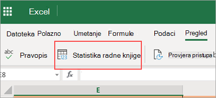 Prikaz mogućnosti prikaza statistike na izborniku radne knjige