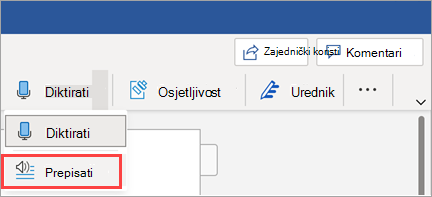 Prikazuje gumb Transkribiraj u programu Word