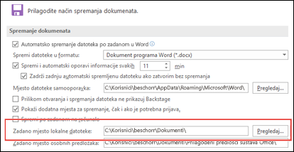 Mogućnosti za spremanje u programu Word pri čemu je prikazana zadana postavka radne mape