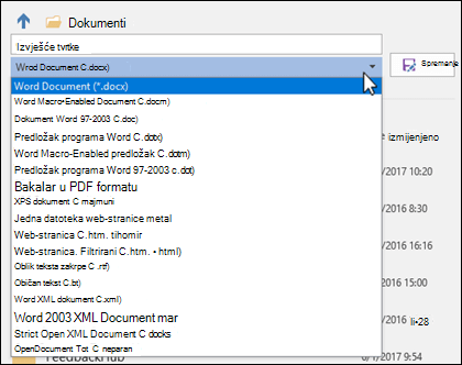 Kliknite padajući izbornik za vrstu datoteka da biste odabrali neki drugi oblik datoteke za dokument