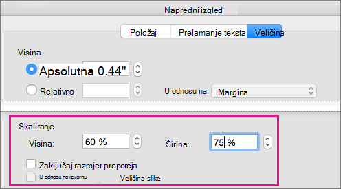 Na kartici Veličina u okviru Dodatni izgled istaknute su mogućnosti skaliranja.